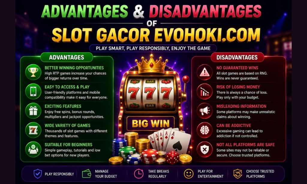 Professional infographic showing the advantages and disadvantages of Slot Gacor Evohoki.com, including high RTP games, exciting bonus features, beginner-friendly gameplay, risk of losing money, and responsible gaming practices.