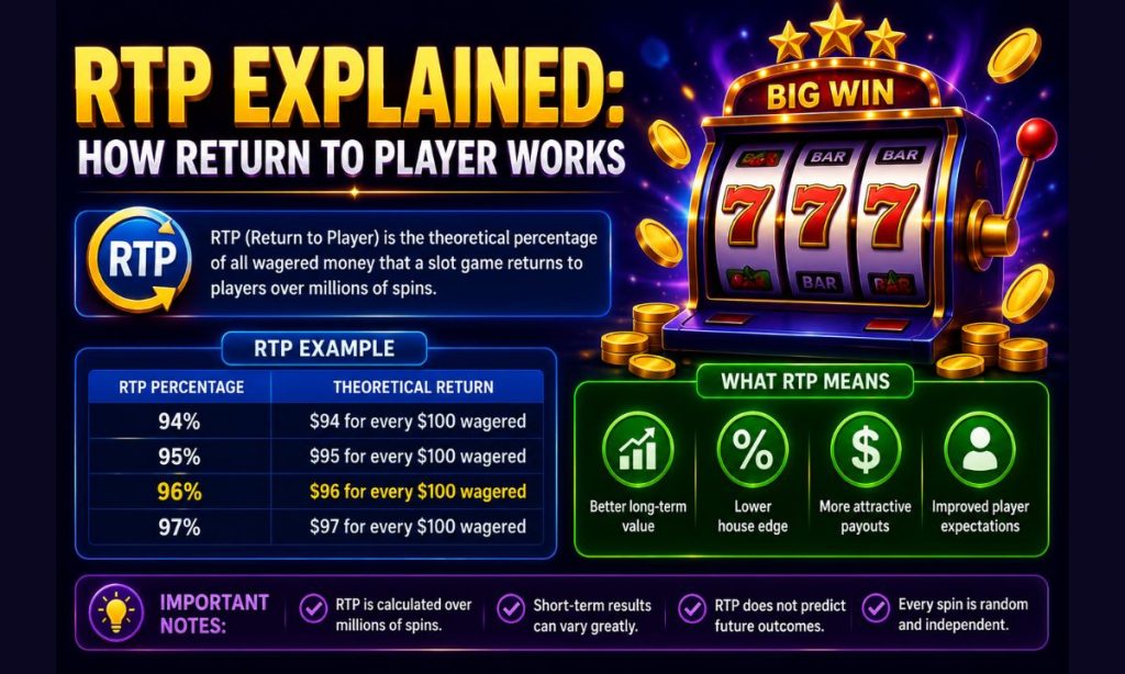 RTP Explained How Return to Player Works infographic showing RTP percentages, theoretical returns, slot machine illustration, and key RTP benefits