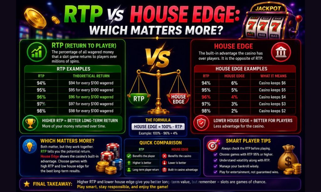 RTP vs House Edge comparison infographic showing RTP percentages, house edge formula, slot machine graphics, and long-term player return examples