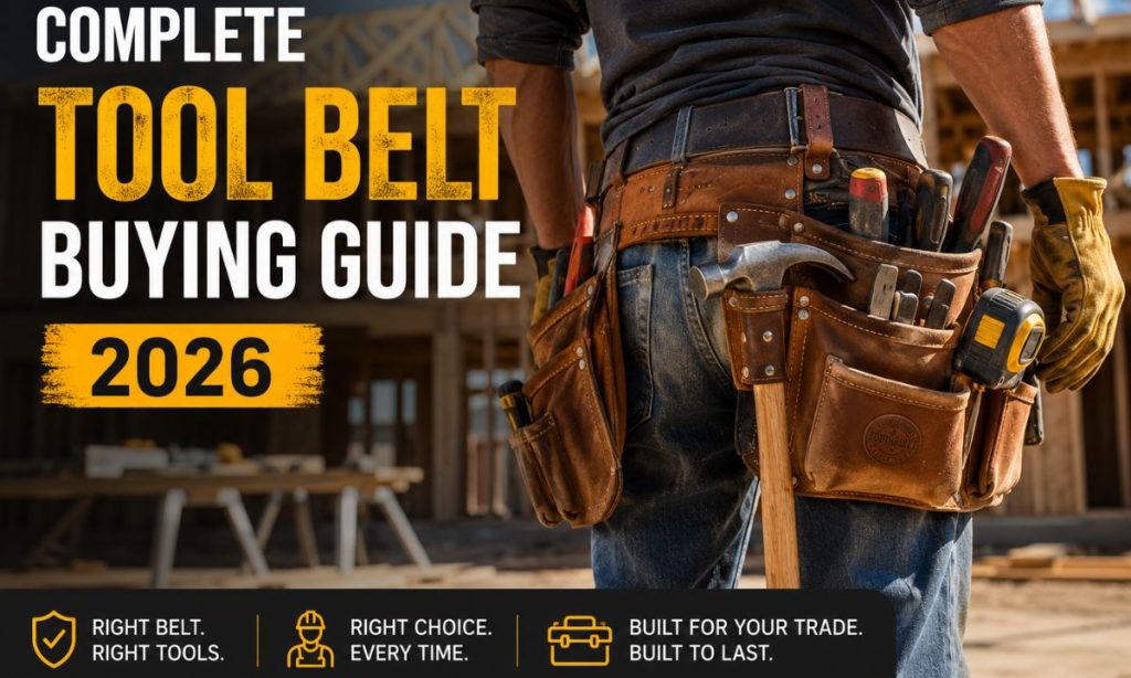 worker wearing a leather tool belt on a construction site