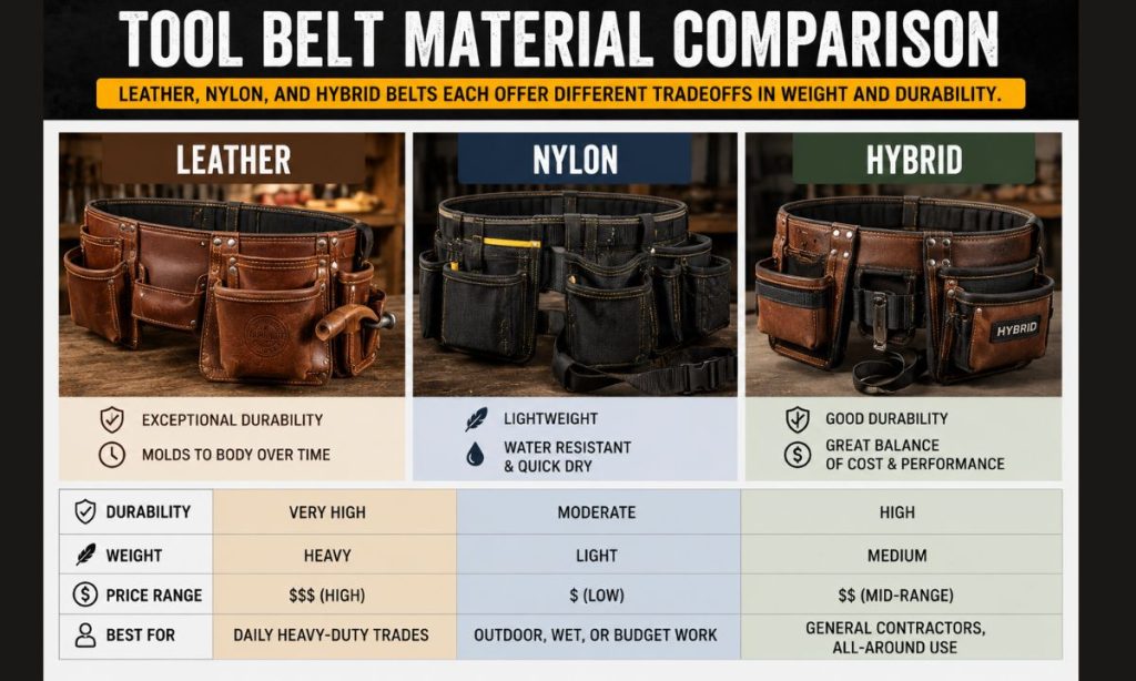  comparison of leather nylon and hybrid tool belt materials
